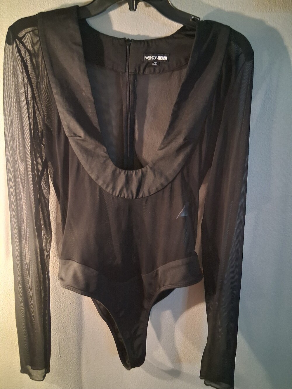 Beatiful Fashion Nova Black Sheer Mesh Long-Sleeve One-Piece Bodysuit